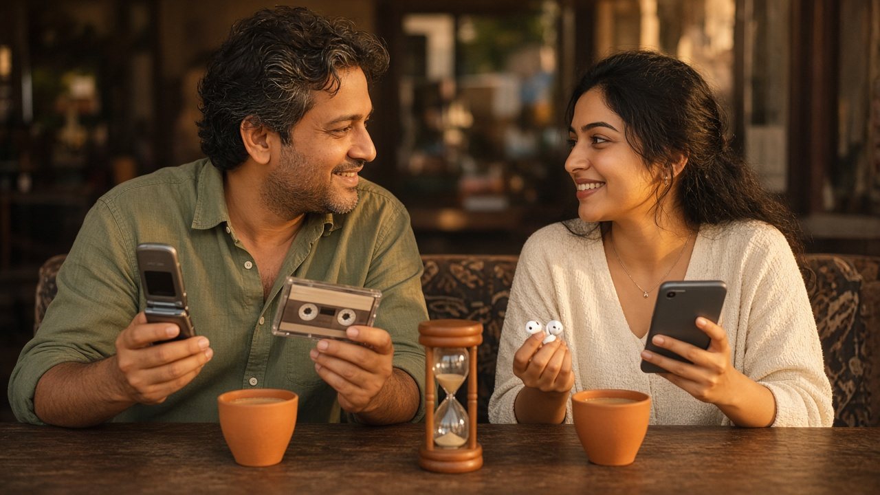 Indian couple with an age difference in marriage smiling, he with a flip phone and cassette, she with a smartphone and earbuds, hourglass between them