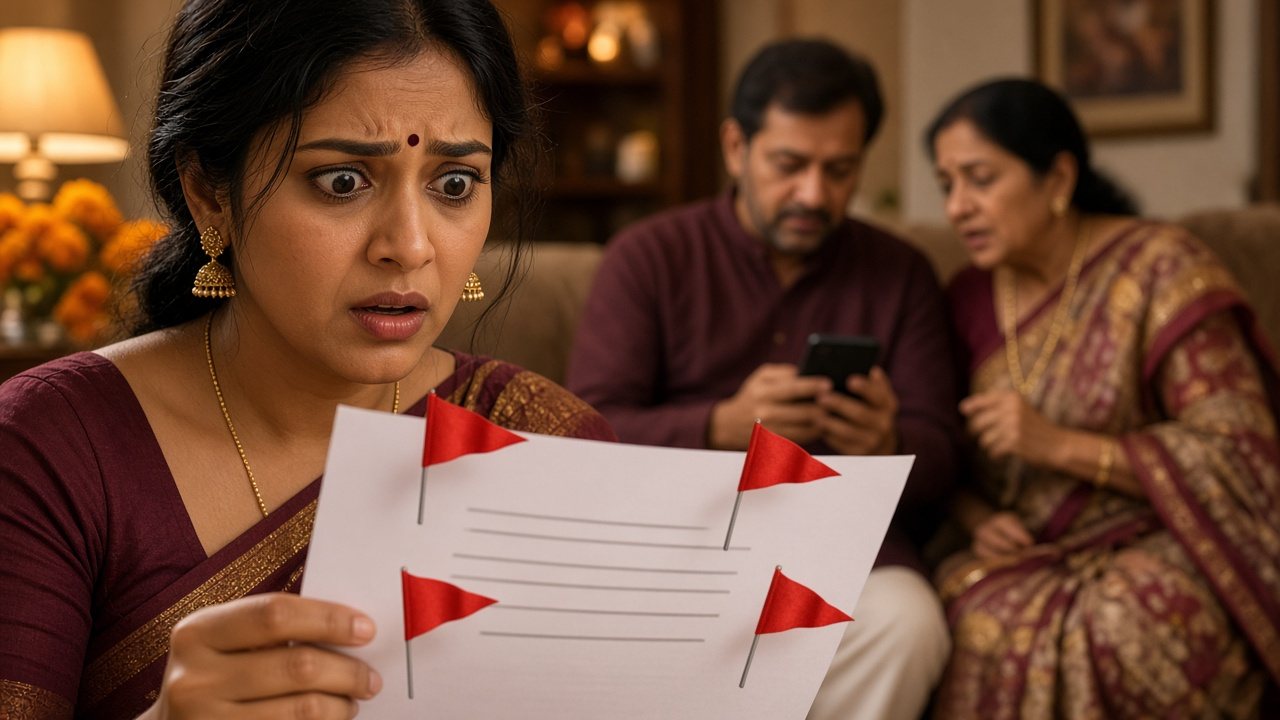 Shocked Indian woman in a maroon saree holding a marriage biodata covered in red flags while her parents behind her stay busy with a phone
