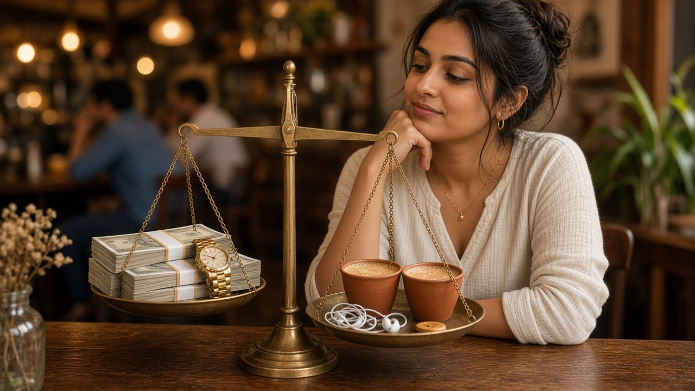 Indian woman at a cafe weighing a brass scale with rupee cash bundles and a gold watch against two chai cups and shared earphones, choosing compatibility over salary