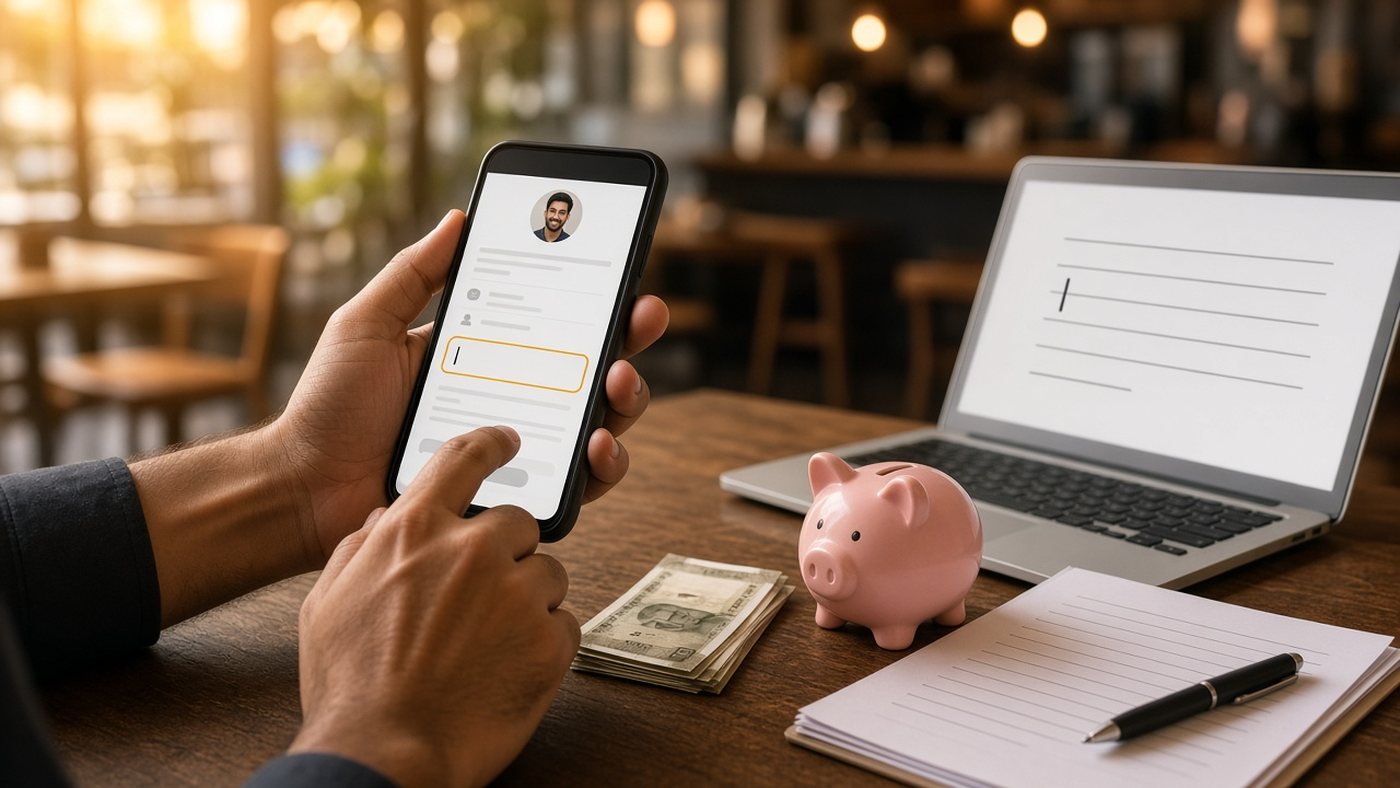 Young Indian man editing matrimony profile on phone beside rupee notes and pink piggy bank, hesitating over the salary field