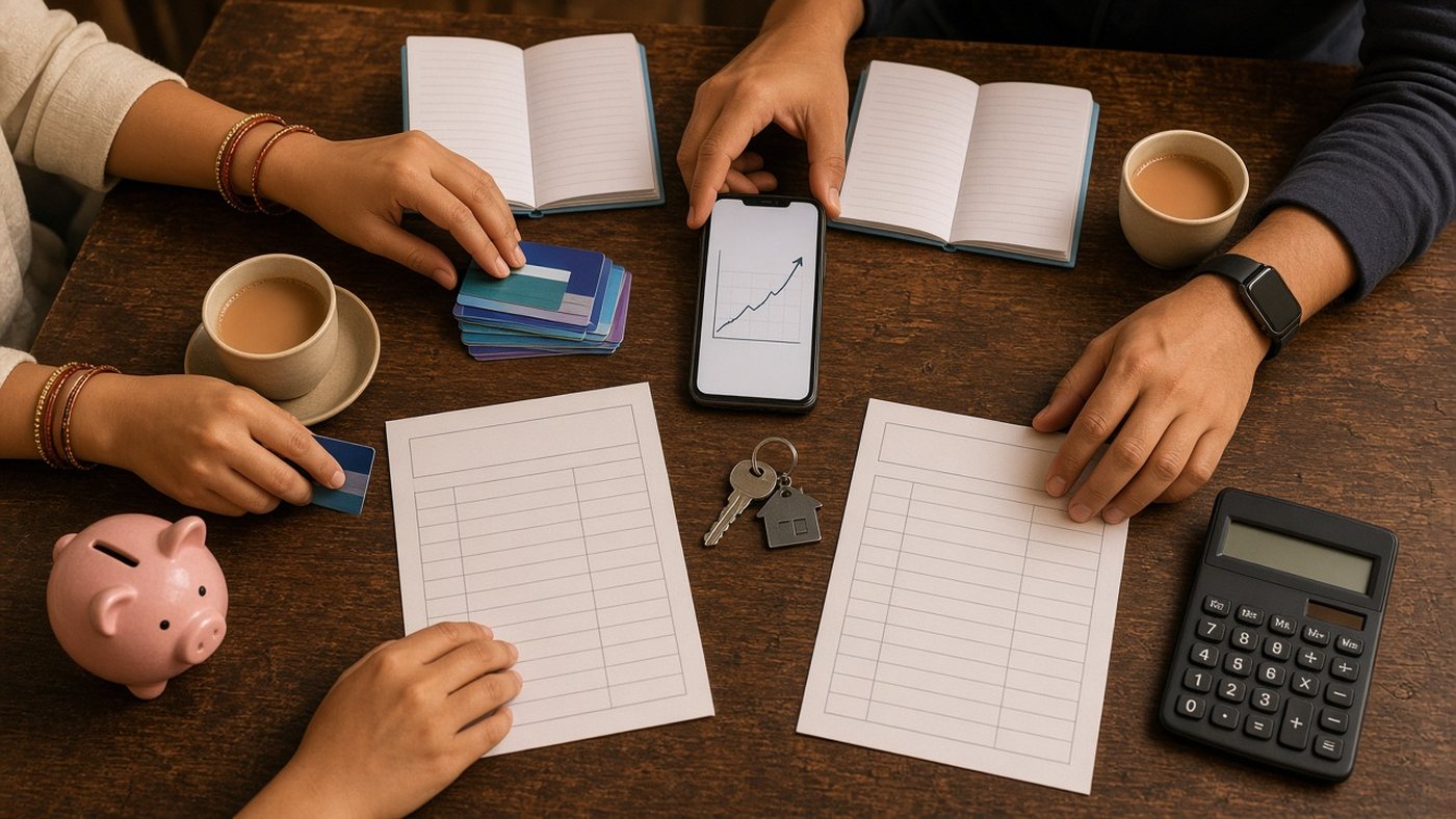 Couple's hands laying out passbooks, credit cards, blank loan statements, a house key, piggy bank and calculator over chai, discussing their financial situation before marriage