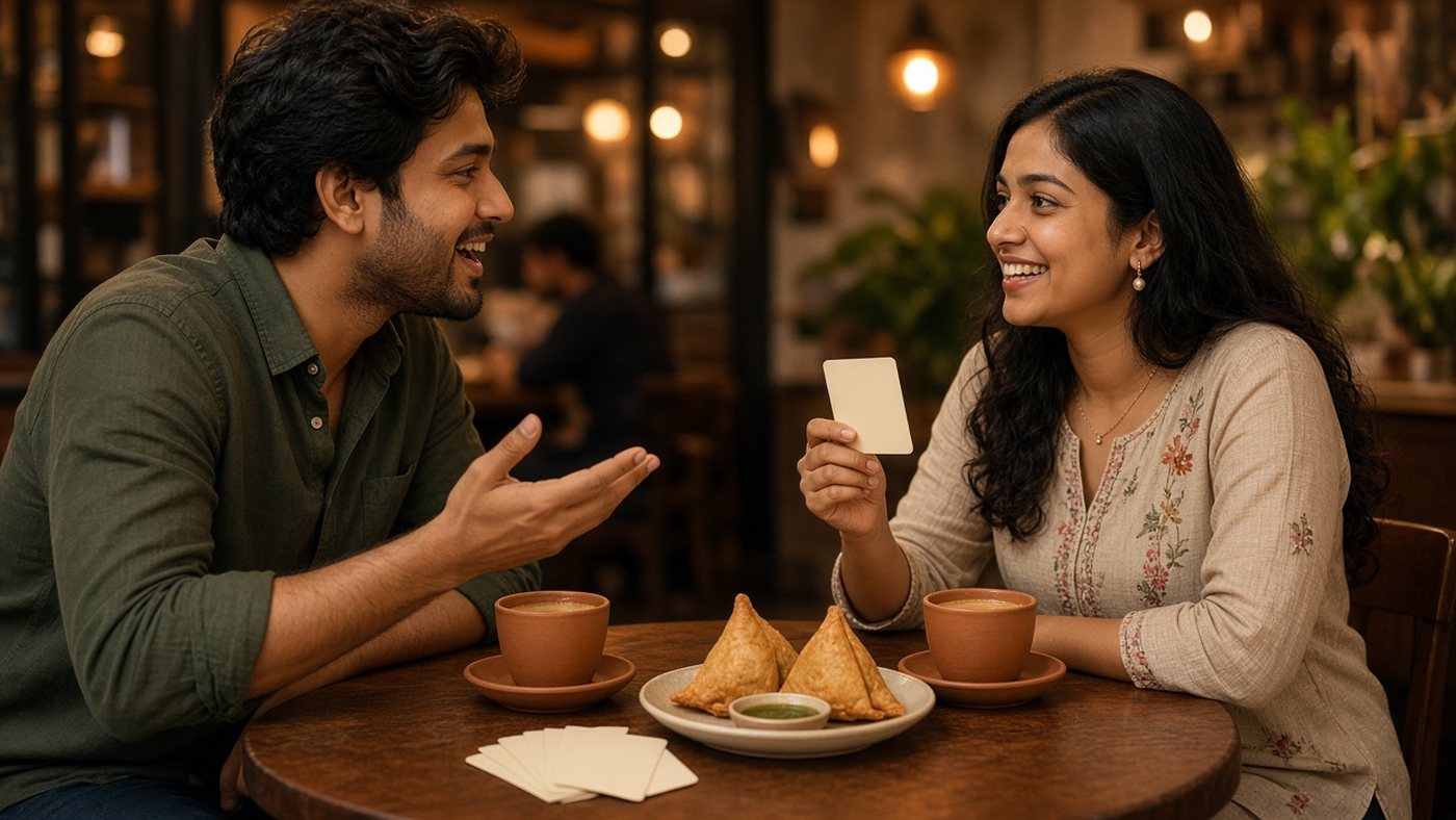 Young Indian couple laughing over masala chai and samosas at a cafe table during their first arranged marriage meeting, holding blank conversation cards