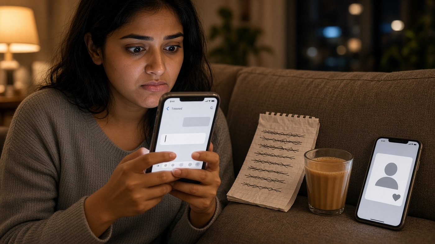 Young Indian woman on a sofa at night staring at an empty chat box, overthinking her first message on a matrimony app, with crossed-out drafts and chai beside her