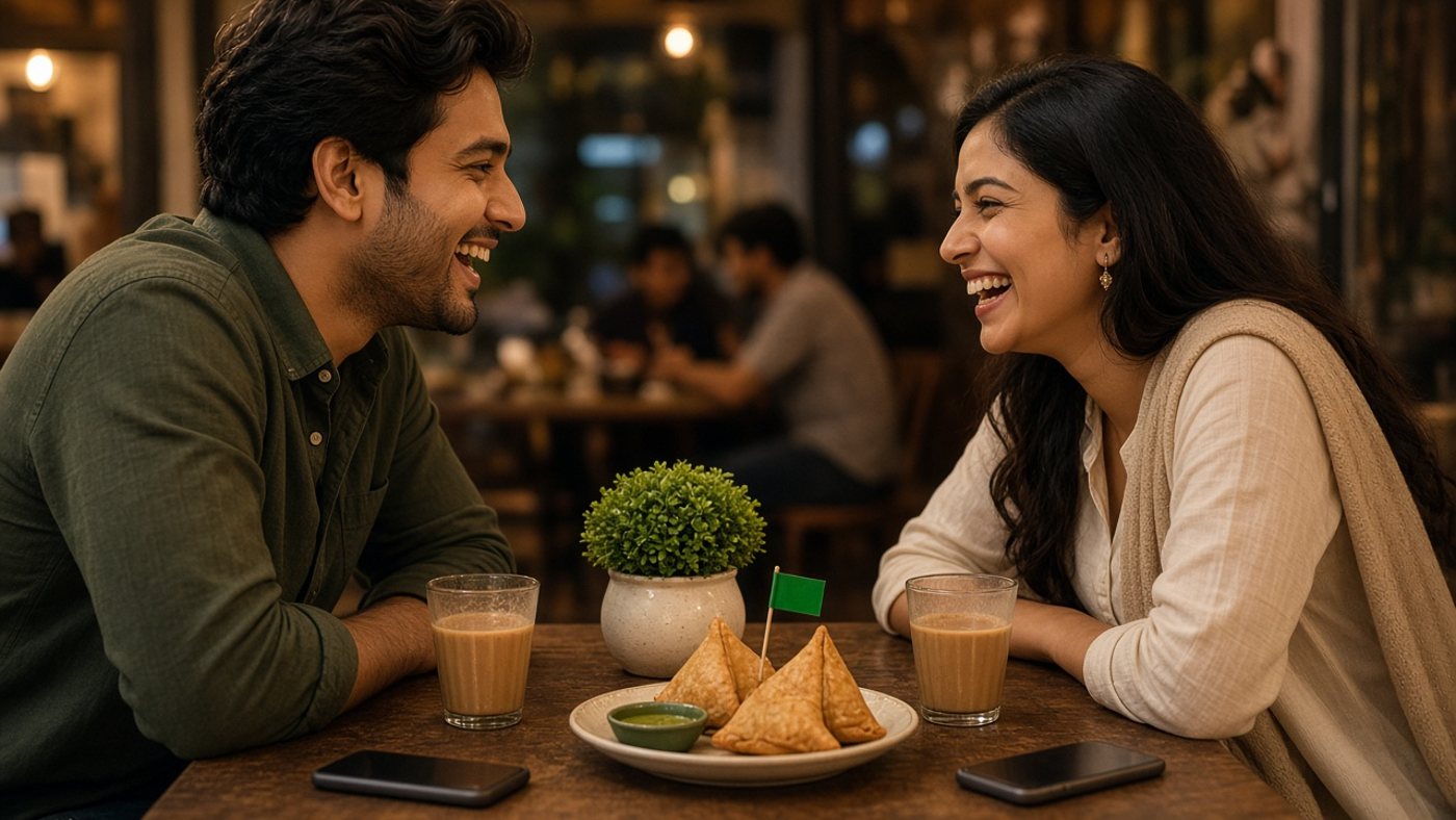 Laughing Indian couple spotting green flags in first conversation at a cafe, phones face-down, masala chai, samosas with a tiny green flag