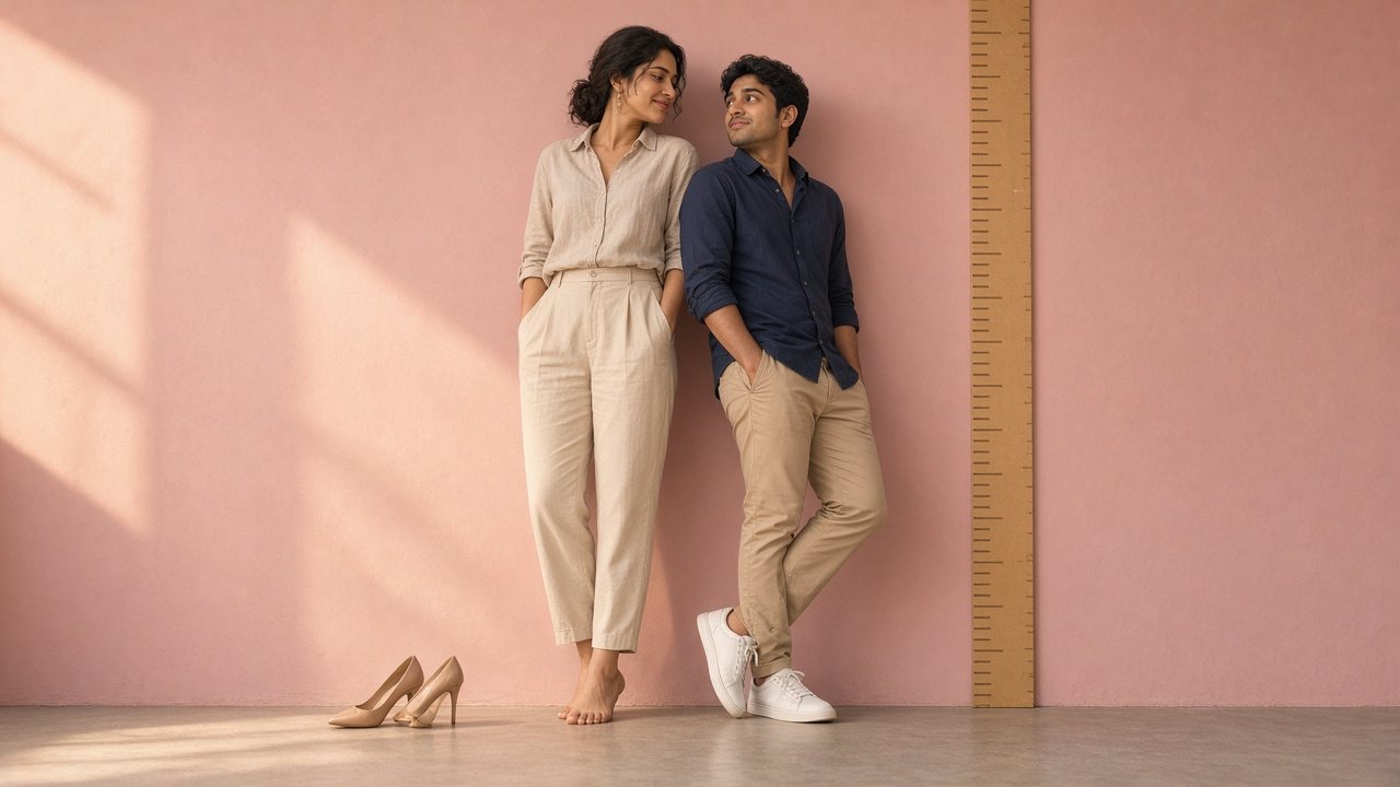 Indian couple leaning on a pink wall beside a wooden height ruler, the barefoot woman slightly taller than the man, her high heels kicked off, a playful take on height in marriage
