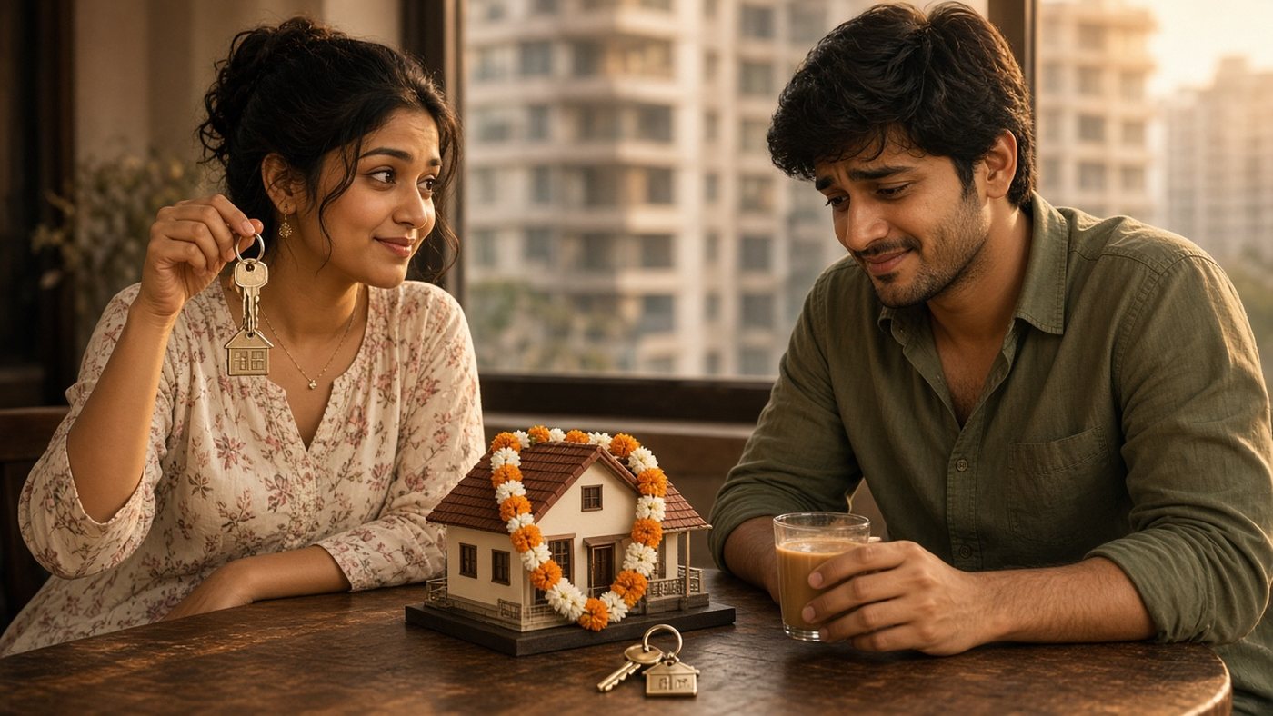 Young Indian couple at a cafe table with a miniature house model draped in a marigold garland and new house keys, weighing owning a house before marriage