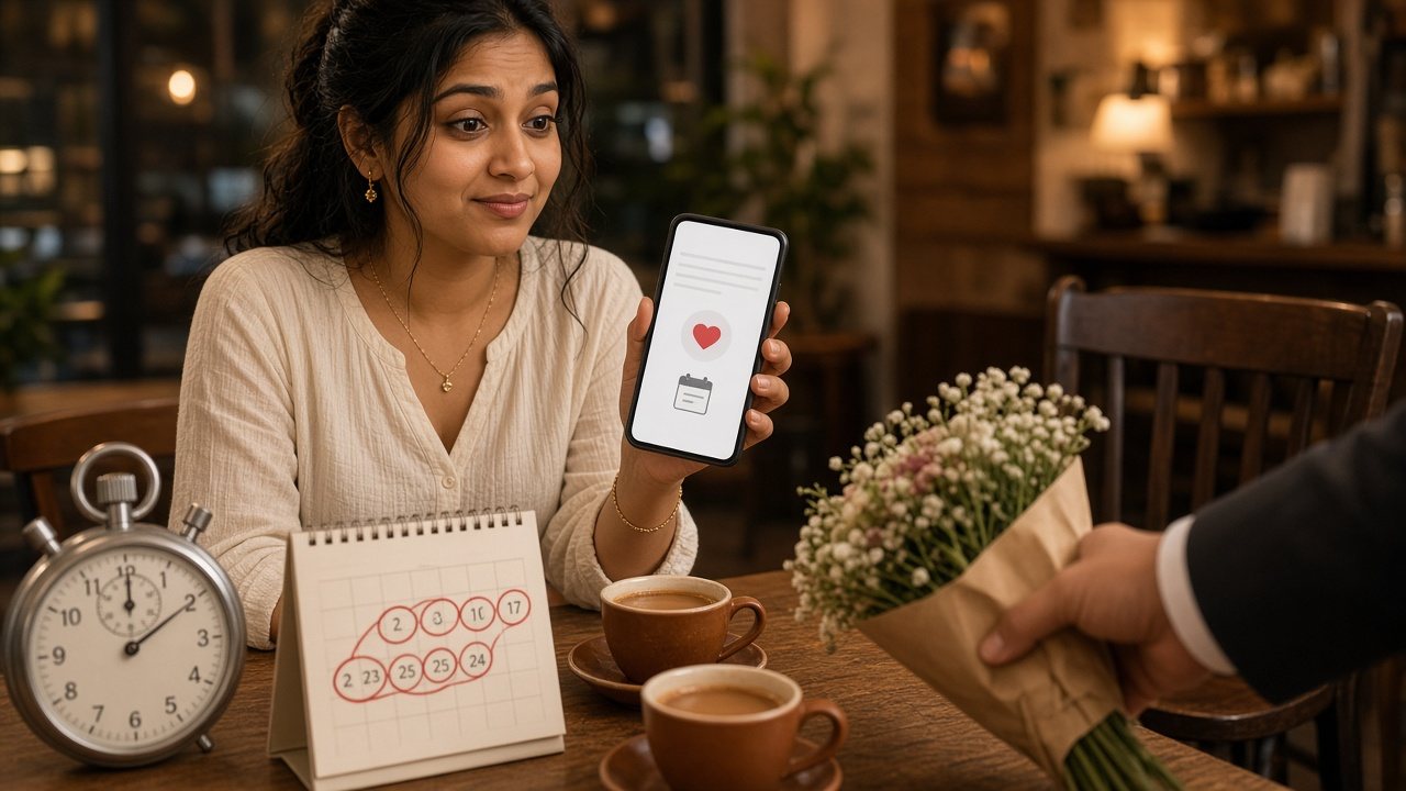 Indian woman at a cafe with a phone, stopwatch and circled calendar as her match offers flowers, wondering how soon to meet a matrimony match
