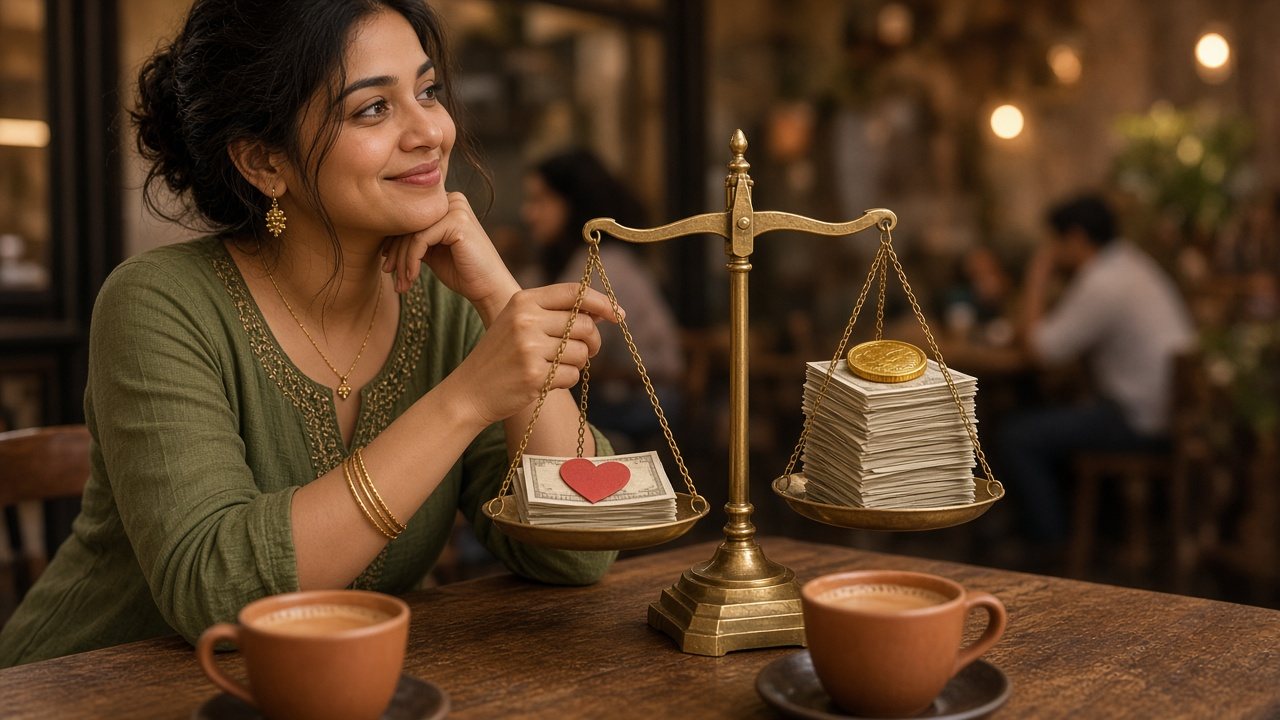 Smiling Indian woman at a cafe table with a brass balance scale holding a small cash stack with a red heart against a tall pile of rupee notes, showing income in matrimony