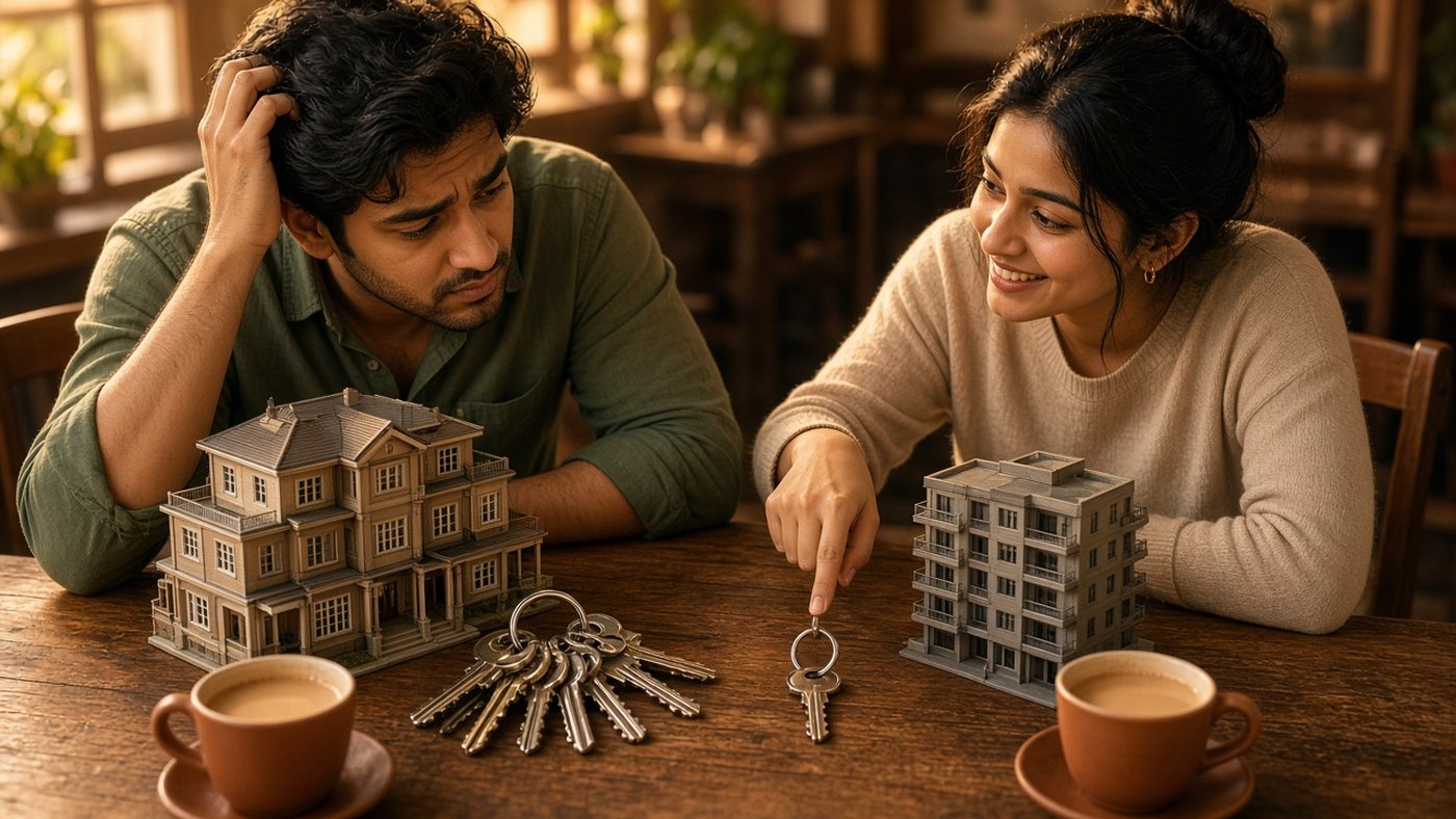 Young Indian couple at a cafe table weighing joint family vs nuclear family, with a big family house model and heavy keyring beside a small apartment model and single key