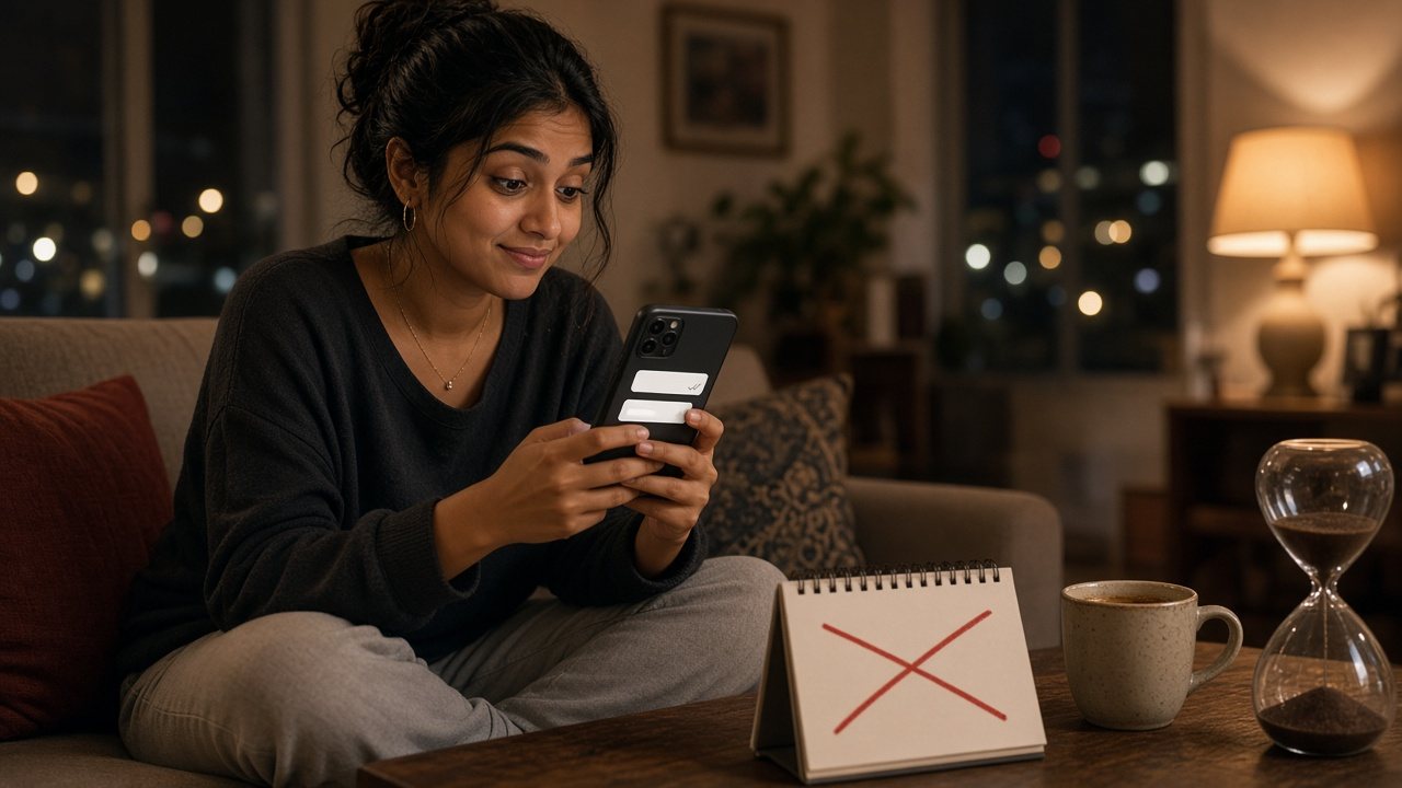 Young Indian woman on a sofa at night smiling at her phone, a desk calendar crossed out in red and an hourglass beside her chai, wondering if a late reply is a red flag