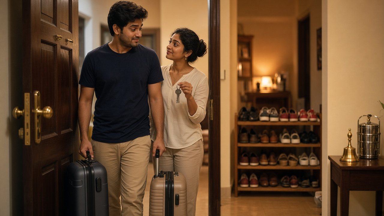 Young Indian couple with suitcases and a house key at the door of a family home, shoe rack full of parents' slippers, deciding to live with parents after marriage