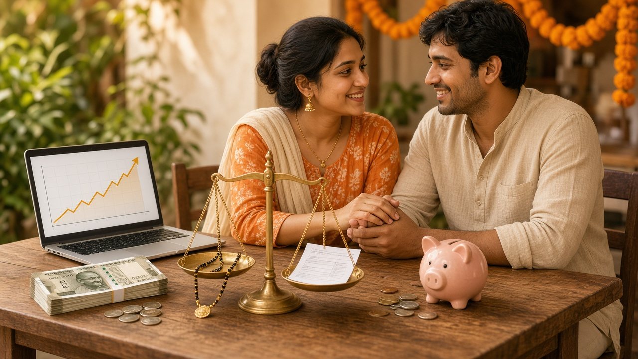Smiling Indian couple holding hands at a table with cash and a rising salary graph on her side, a piggy bank and coins on his, and a balance scale holding a mangalsutra
