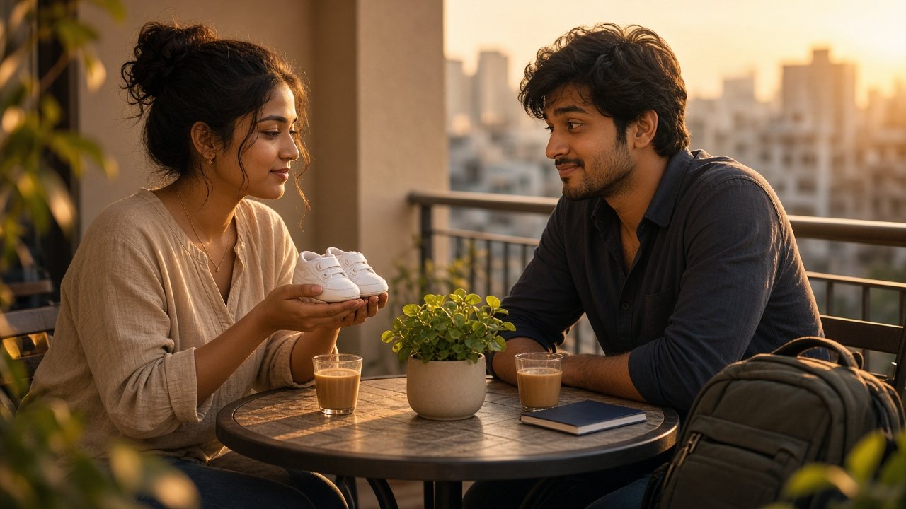 Young Indian couple at a balcony table with chai, the woman holding tiny white baby shoes while they discuss whether to have children before marriage