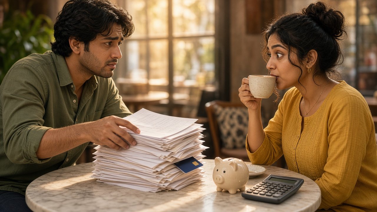 Indian man sliding a tall stack of loan statements and a credit card across a cafe table while his match sips chai beside a piggy bank and calculator, weighing whether to marry someone with debt