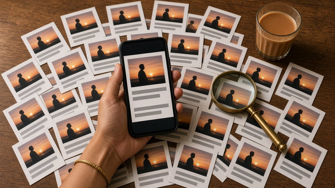 Hand holding a phone over a pile of identical matrimony profile cards with the same sunset photo, a magnifying glass and cutting chai, showing generic profile mistakes