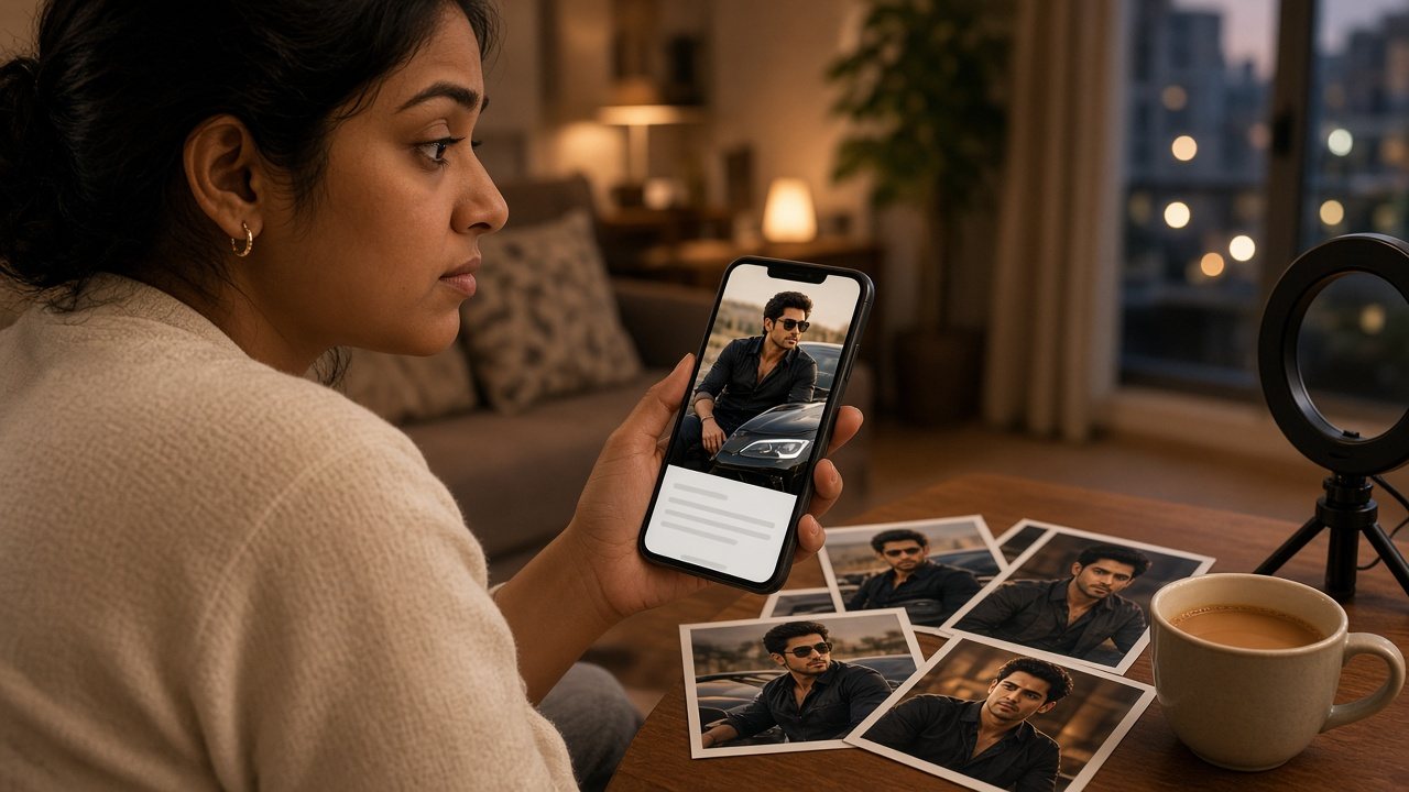 Young Indian woman unimpressed by a good-looking matrimony profile of a man posing by a sports car, with glamour photos and chai on the table
