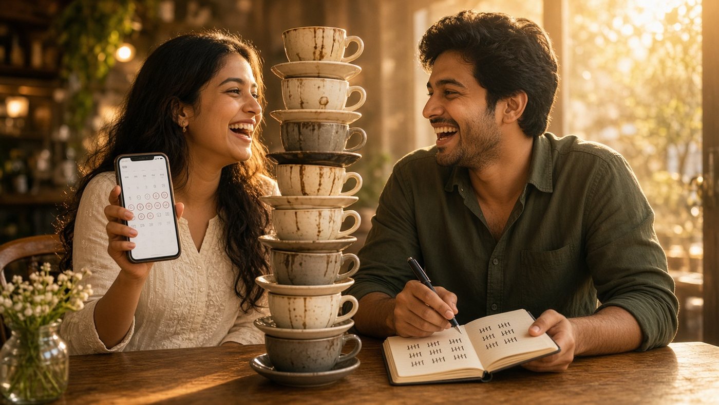 Laughing Indian couple at a cafe beside a tall stack of empty coffee cups, a phone calendar with circled dates and a notebook of tally marks counting matrimony meetings