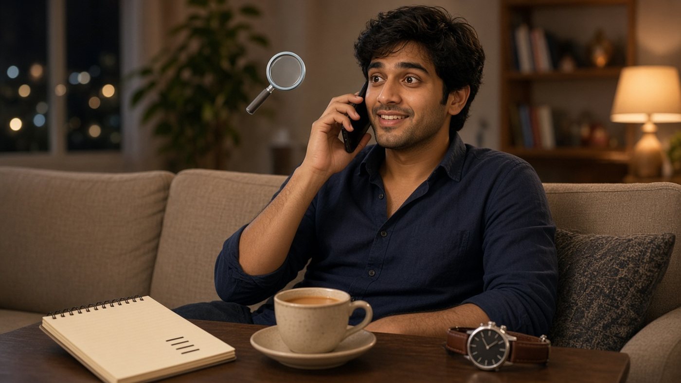 Young Indian man smiling on a first matrimony conversation phone call on a sofa, with a magnifying glass, notepad, masala chai and wristwatch nearby