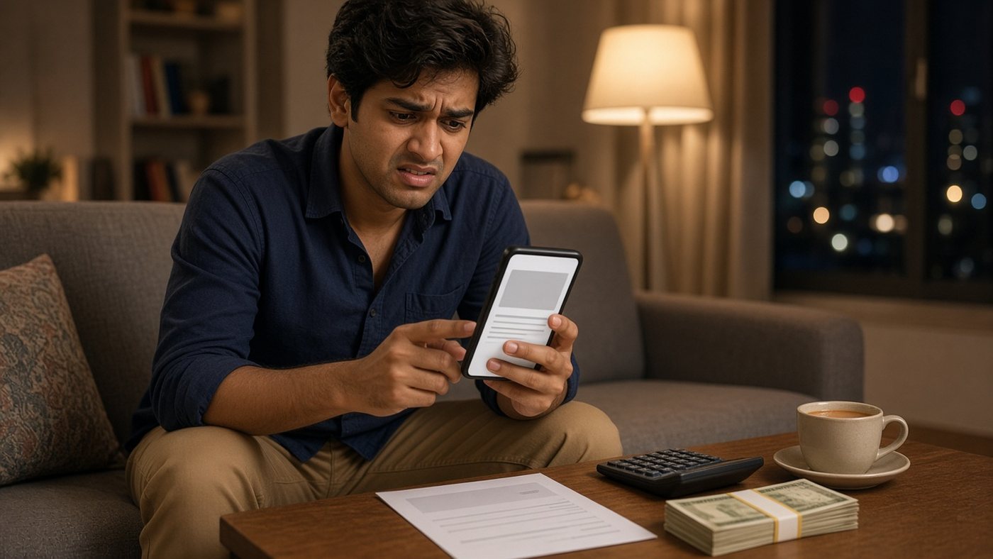 Young Indian man on a sofa hesitating over his matrimony bio on his phone, with a cash stack, calculator and blank salary slip on the table