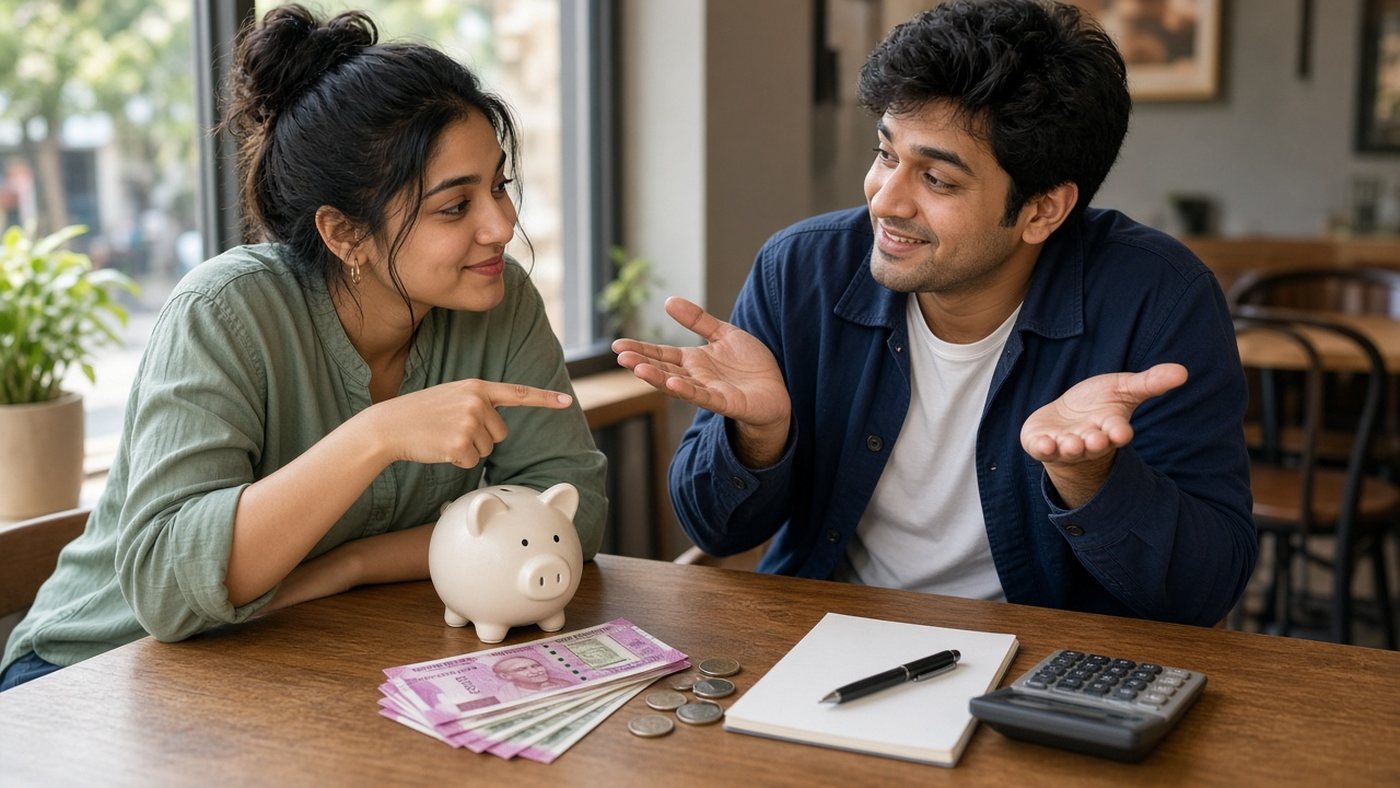 Young Indian couple at a cafe table discussing money before marriage with a white piggy bank, Indian rupee notes, coins, calculator and notepad