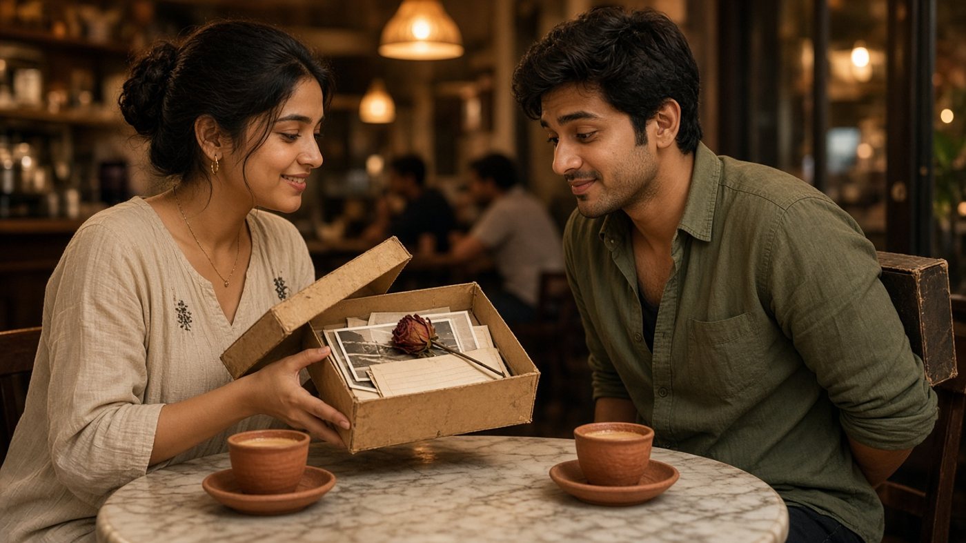 Indian woman opening a box of old photos and a dried rose at a cafe table while her match watches, sharing past relationships before marriage