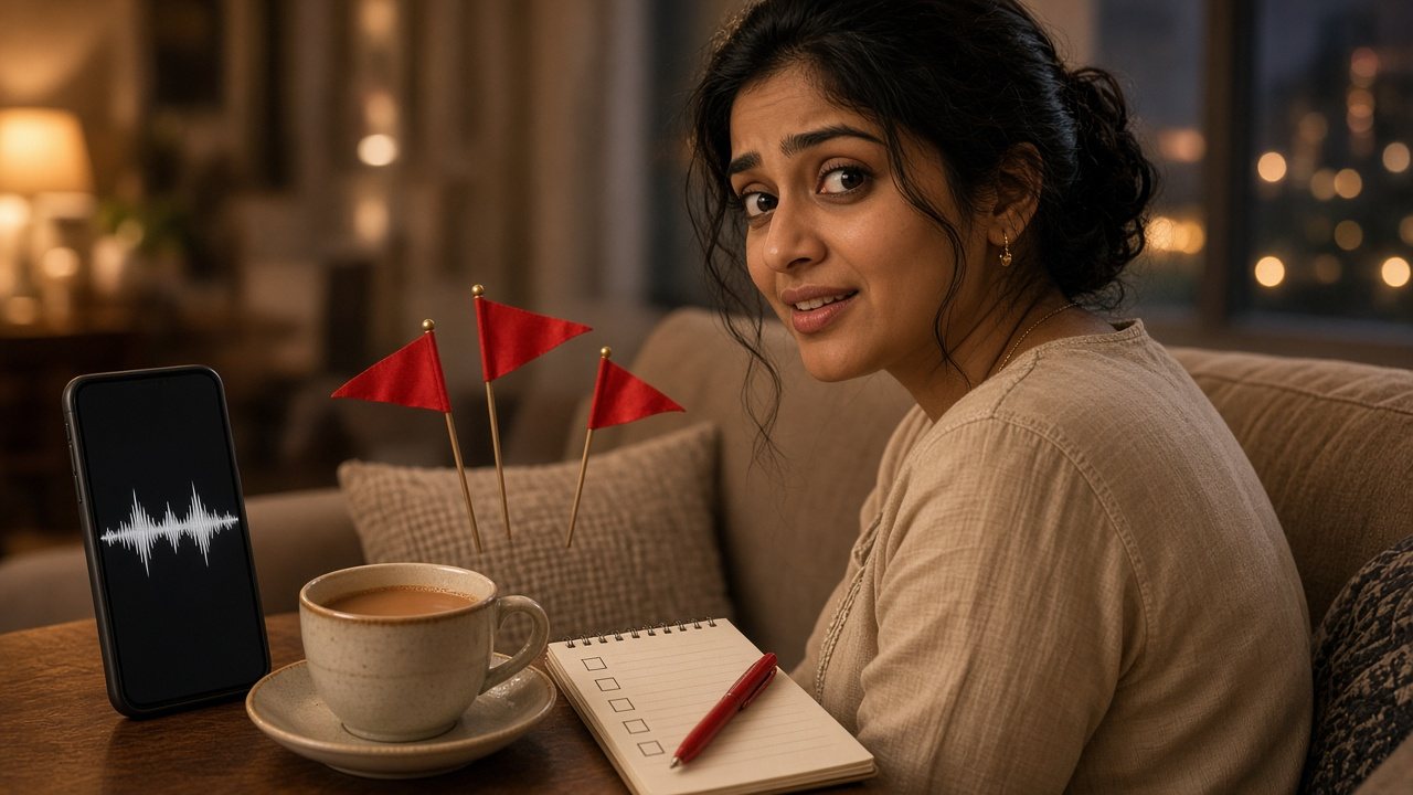 Wary young Indian woman on a sofa during her first matrimony call, phone showing a voice waveform, three red flags, chai and a checklist notepad