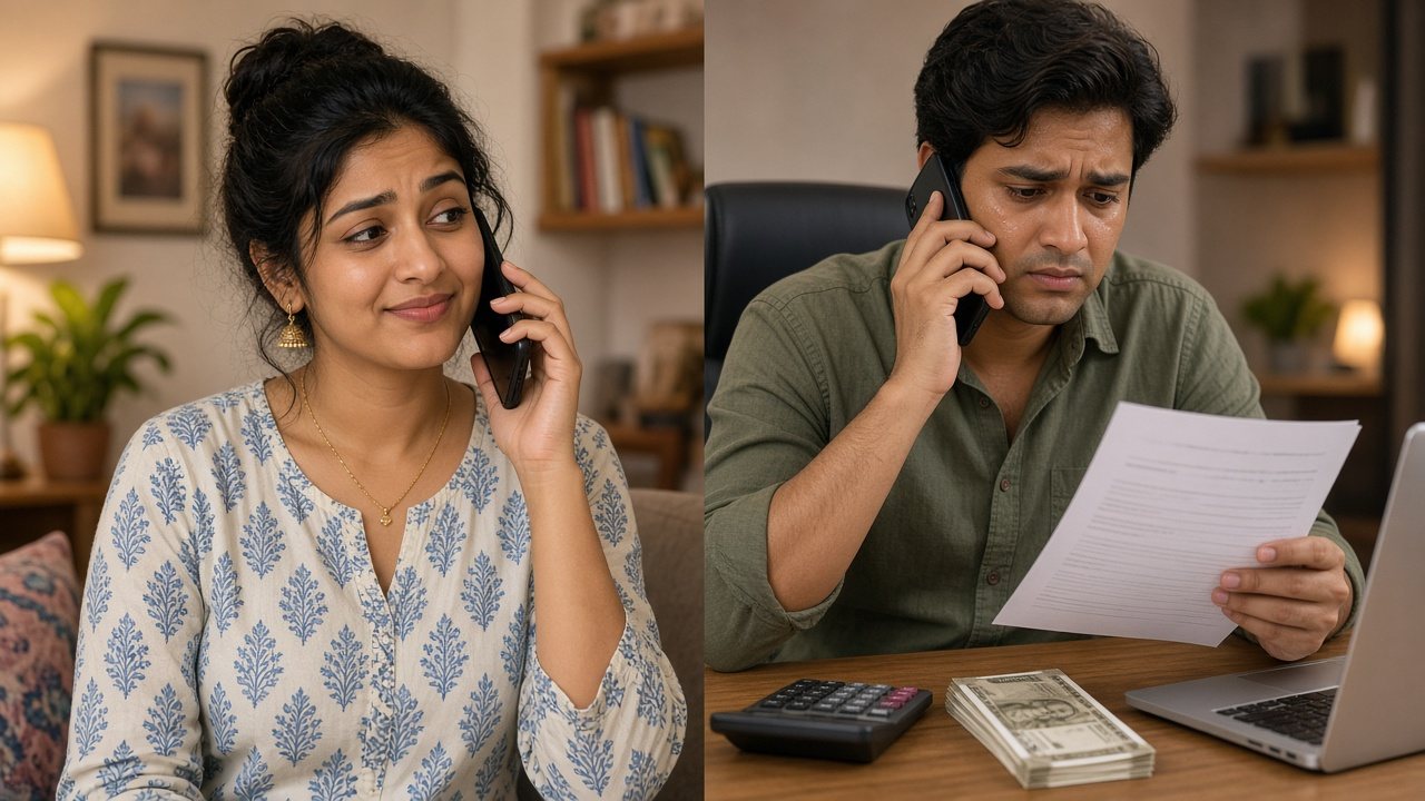 Split scene of a young Indian woman and man on a first matrimony call, him nervously checking a salary slip beside a calculator and stack of rupee notes