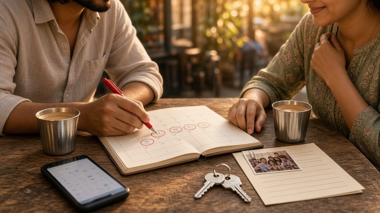 Indian man circling future dates in a planner beside house keys and a family photo sheet, a smiling woman across, signs he is serious about marriage