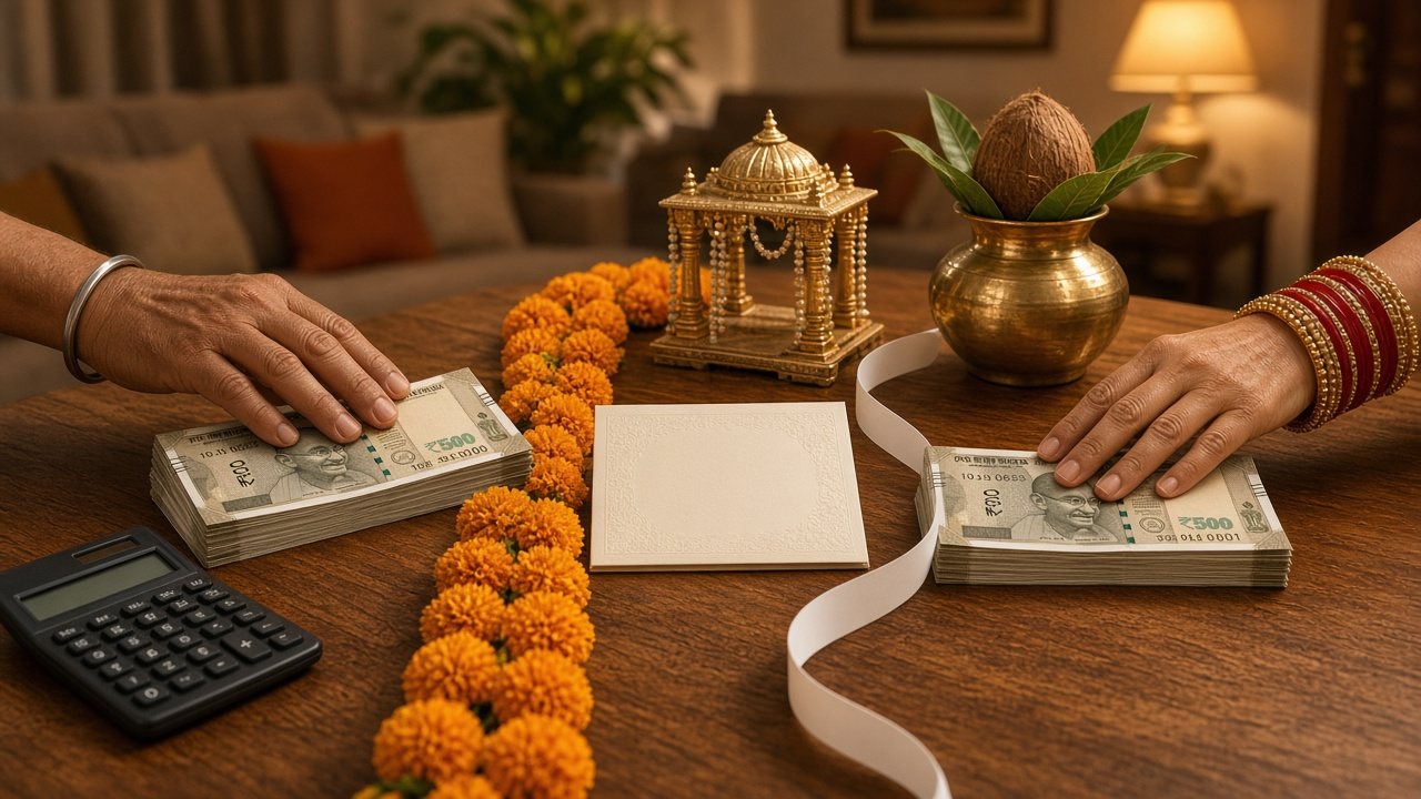 Two parents' hands placing equal stacks of rupee notes on either side of a marigold garland, with a calculator, wedding card and mandap model, showing how to split wedding expenses
