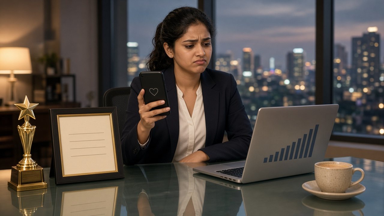 Young Indian professional woman at her office desk with a trophy, award frame and rising graph on her laptop, frowning at an empty matrimony app inbox despite her successful career