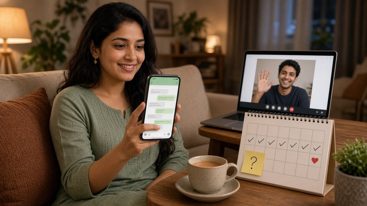 Smiling young Indian woman on a sofa holding a phone with a long daily chat while her matrimony match waves on a laptop video call, beside chai and a ticked-off calendar