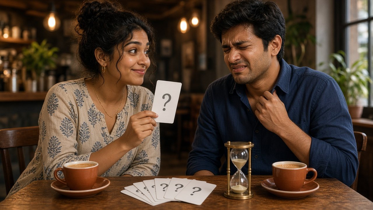 Young Indian couple at a cafe table, she holds up a question mark card while he winces, about uncomfortable questions before marriage over chai
