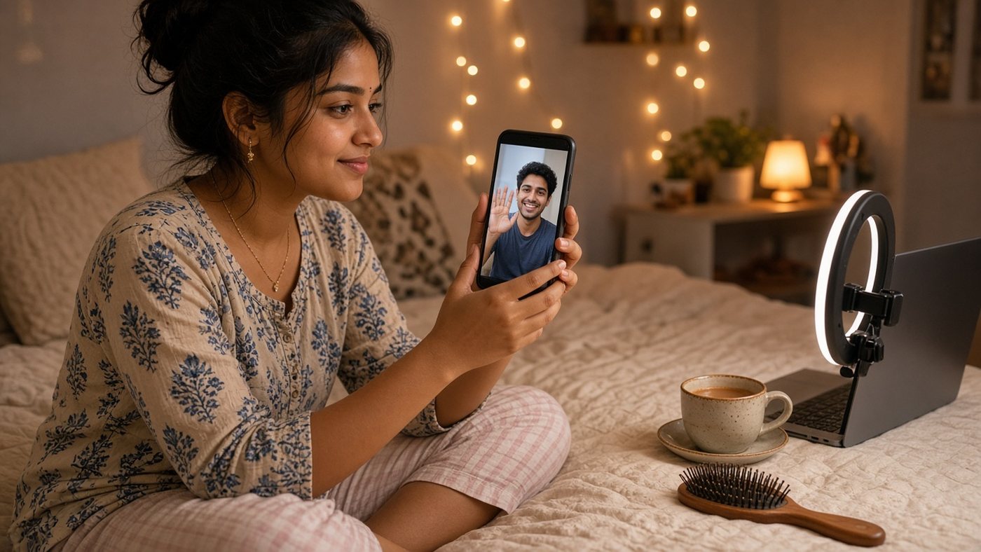 Young Indian woman on her bed smiling at a matrimony match waving on a phone video call before meeting, with ring light and chai