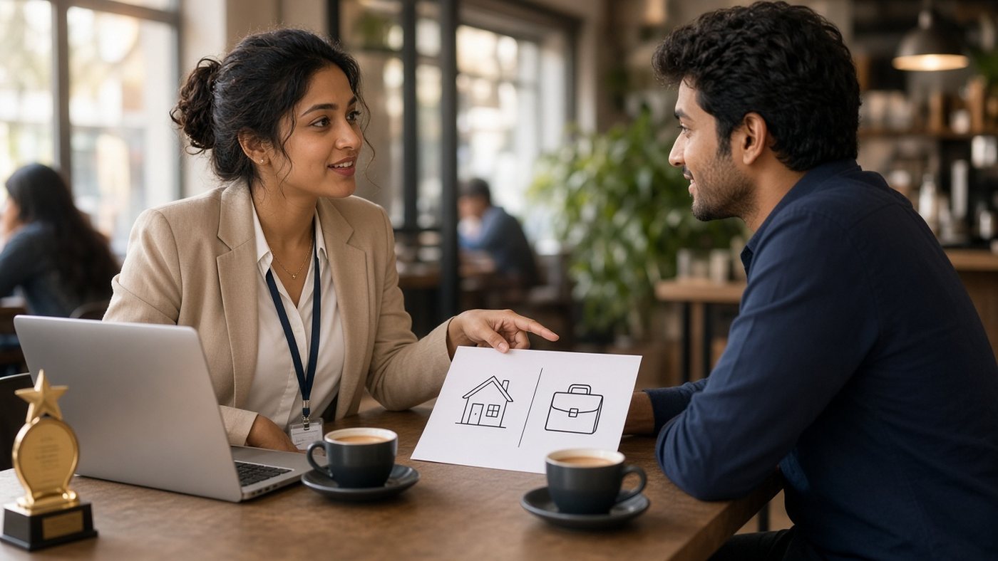 Indian working woman with laptop, ID lanyard and award at a cafe table showing a man a sketch of a house and a briefcase, discussing career expectations before marriage