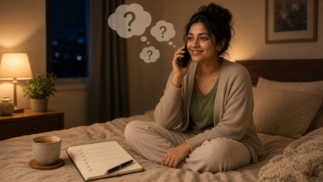 Smiling young Indian woman on a phone call in her lamp-lit bedroom at night, with a checklist notebook and chai, thinking of first call questions